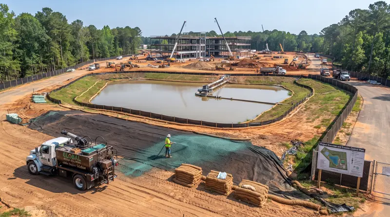 Commercial hydroseeding at a detention pond and pad site in metro Atlanta with erosion control plan on file