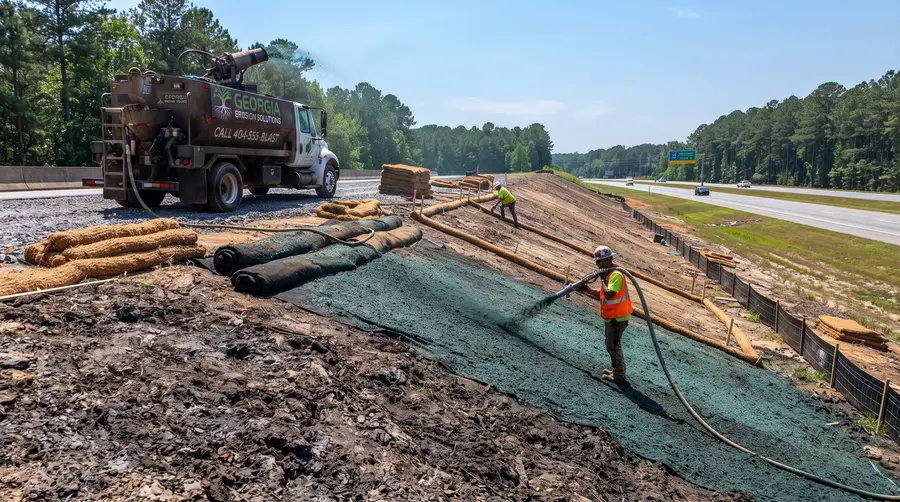 Close-up of green hydroseed slurry sprayed over a graded red clay slope in Atlanta, GA, with bonded fiber matrix for erosion control