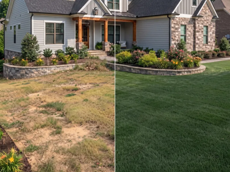 Before and after of a fescue lawn renovation at an Atlanta home, bare patchy turf transformed to a full green lawn