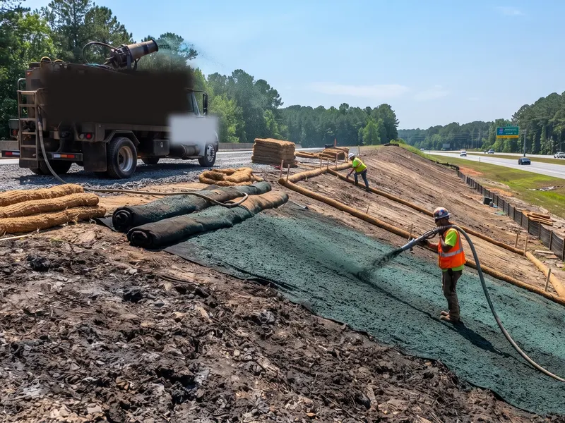 Crew hydroseeding a highway embankment slope with erosion control blanket and fiber matrix in Atlanta