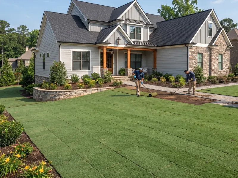 Crew installing sod on a full-sun front yard slope at a new-construction home in metro Atlanta